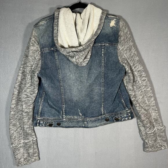 Free People Jean Jacket Blue Grey Denim Hooded‎ Trucker Distressed Womens Large - Picture 4 of 12